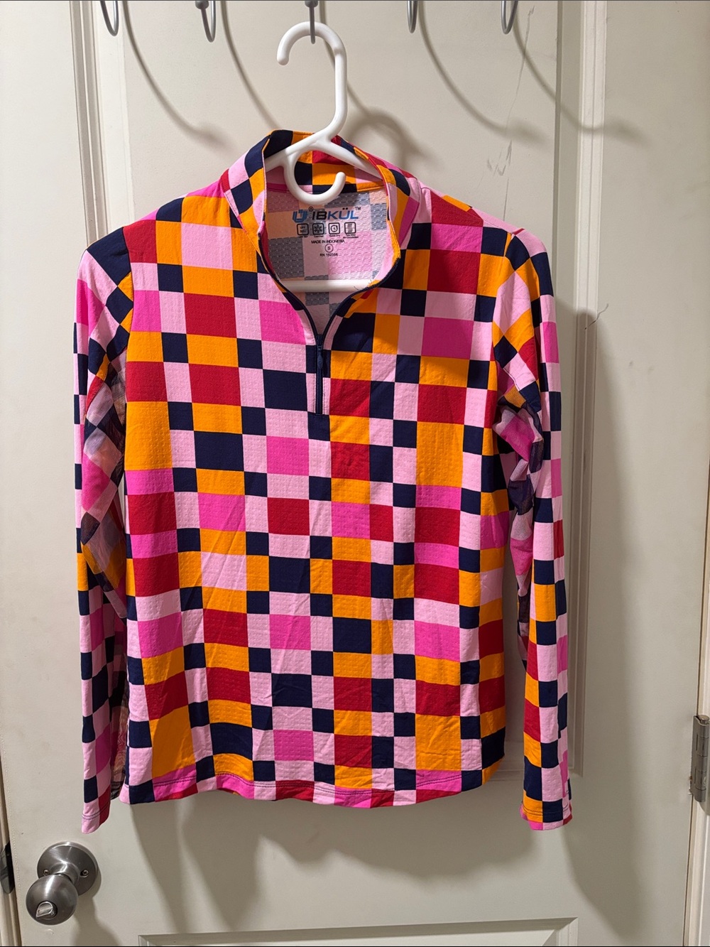 IBKUL Long Sleeve Checkerboard Half-Zip Top in Pink, Navy & Orange